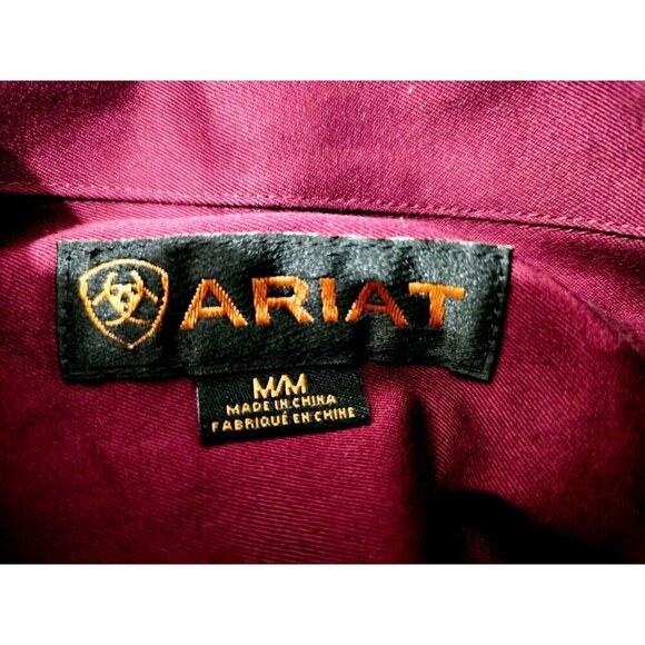 Ariat Size Medium Mens Burgundy Button Down Embroidered Chest Neck Logo Shirt - Picture 4 of 11